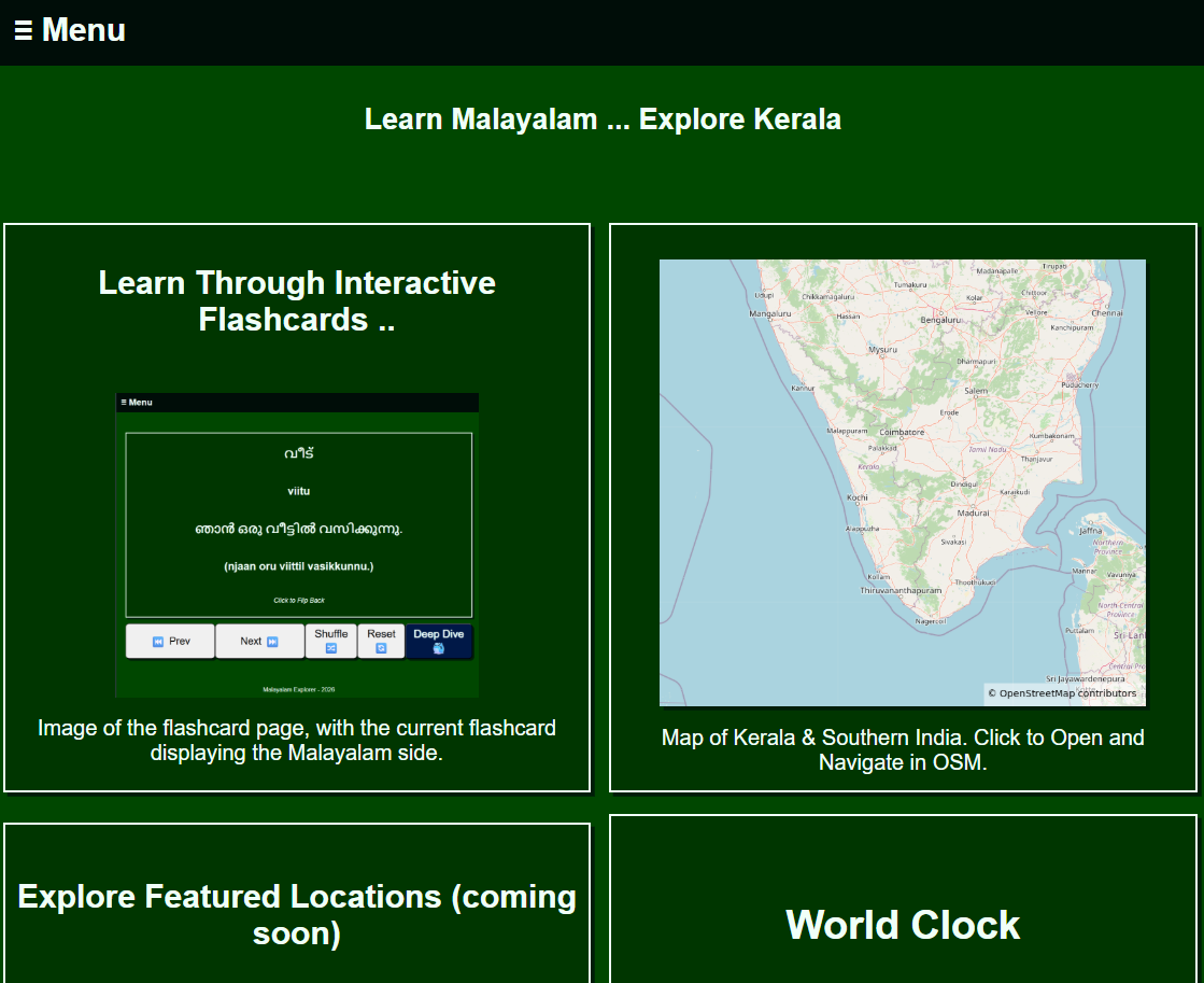Malayalam Explorer - interactive flashcards and Kerala map