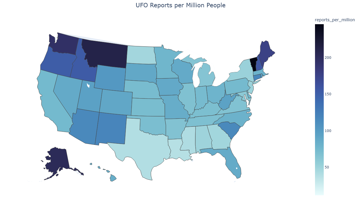 US map of UAP sightings per million people in each state